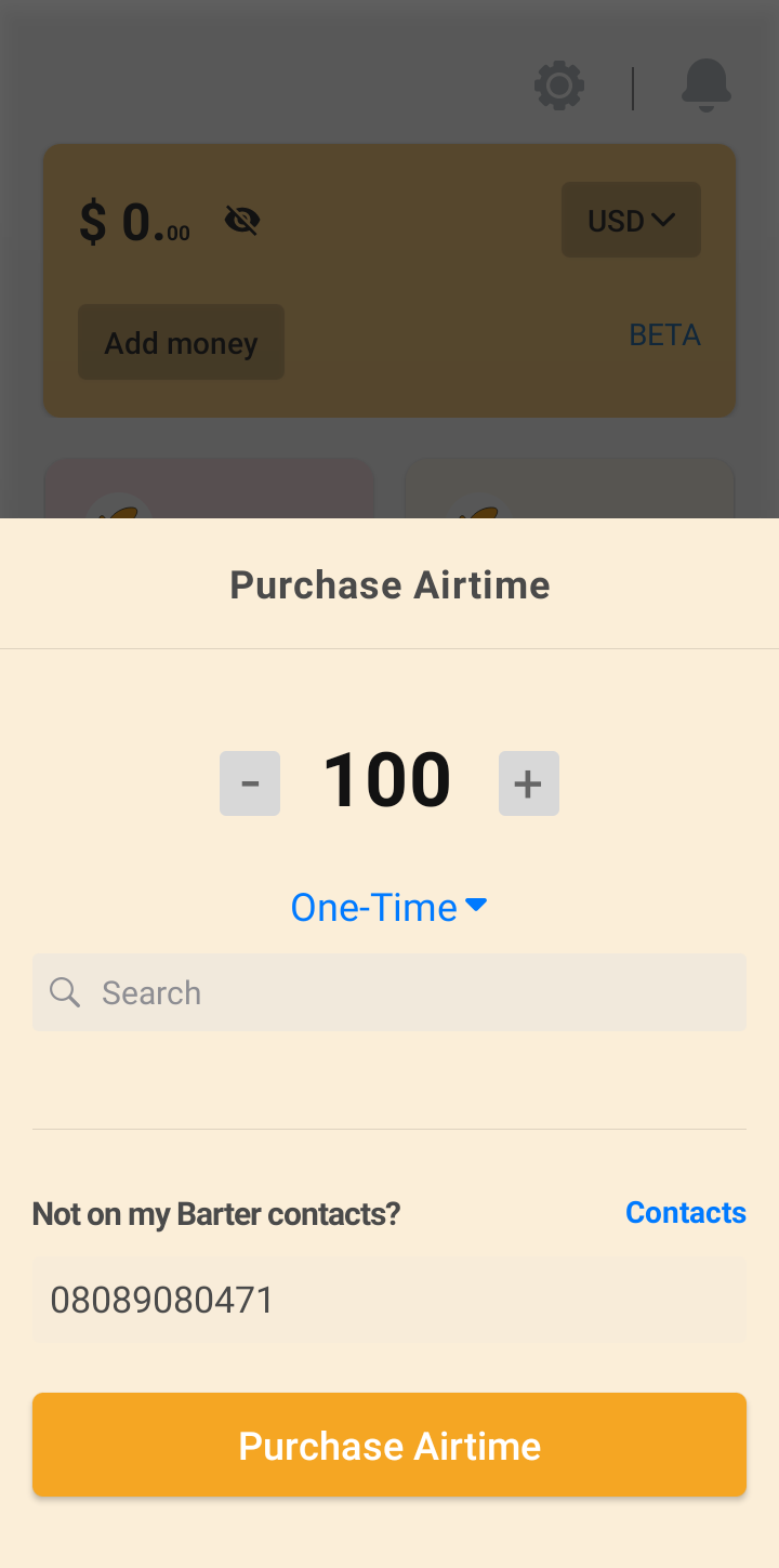  Barter Purchase Airtime user flow UI screenshot