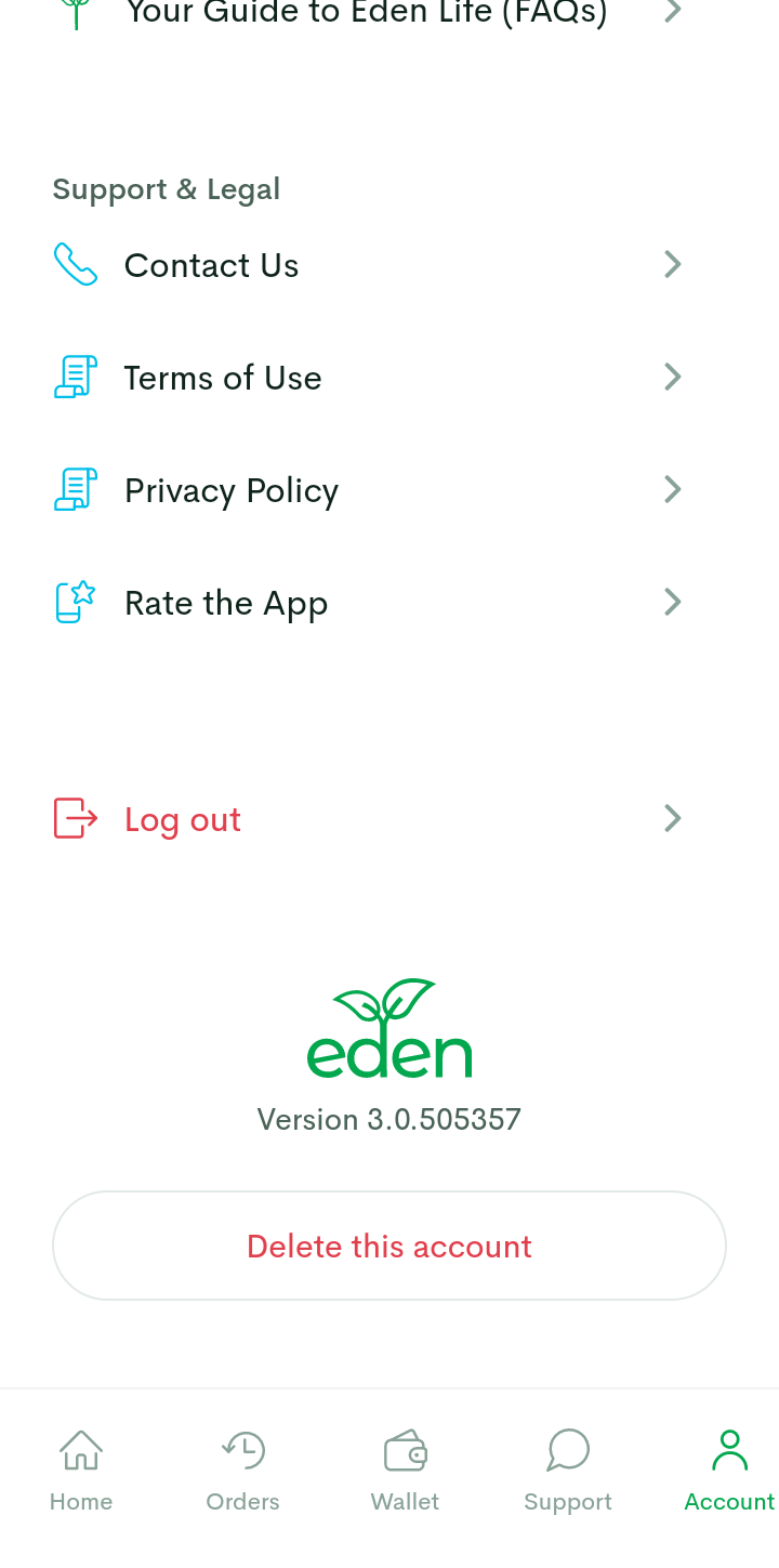  Edenlife Deleting Account user flow UI screenshot