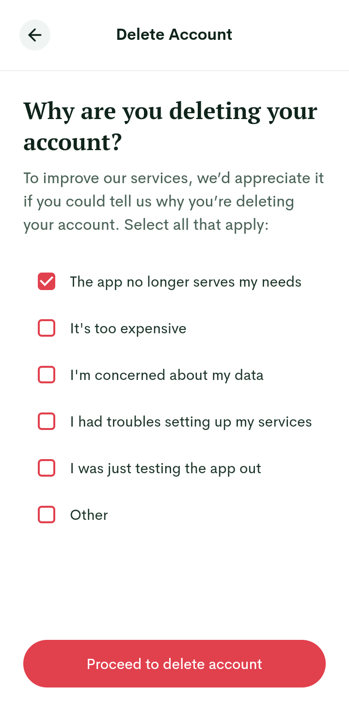  Edenlife Deleting Account user flow UI screenshot