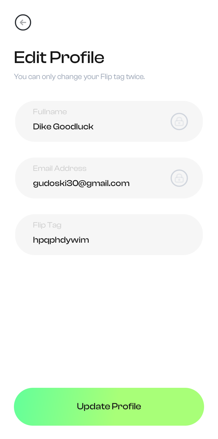  Fluidcoins Profile Settings user flow UI screenshot
