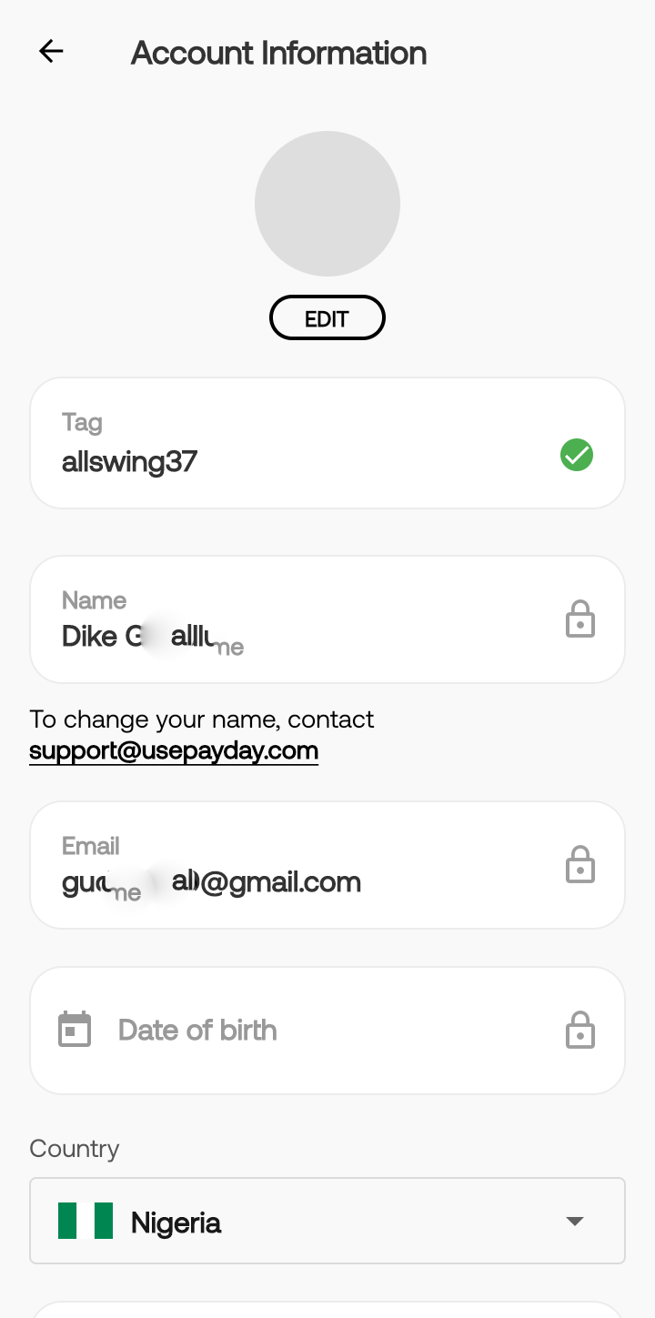  Payday Edit Profile user flow UI screenshot